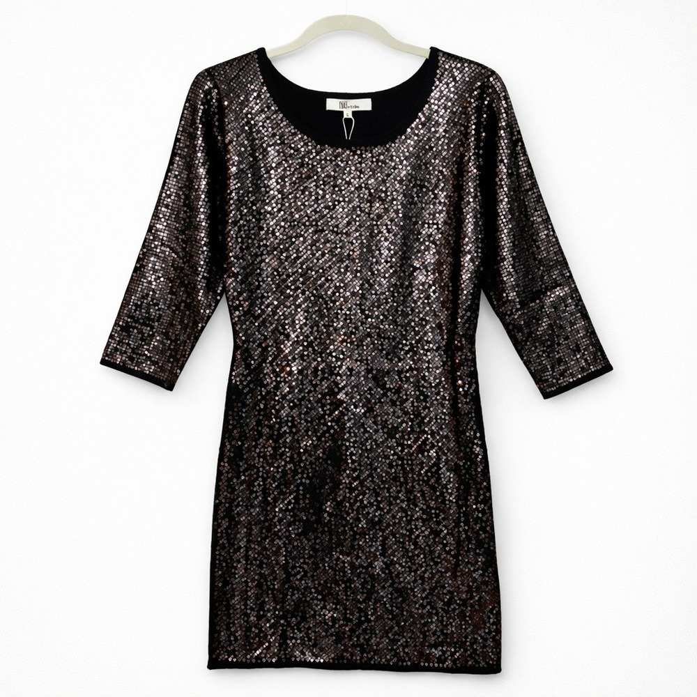 Black Sequin Front Knit Mini Dress Size Small Three Quarter Sleeve Cocktail